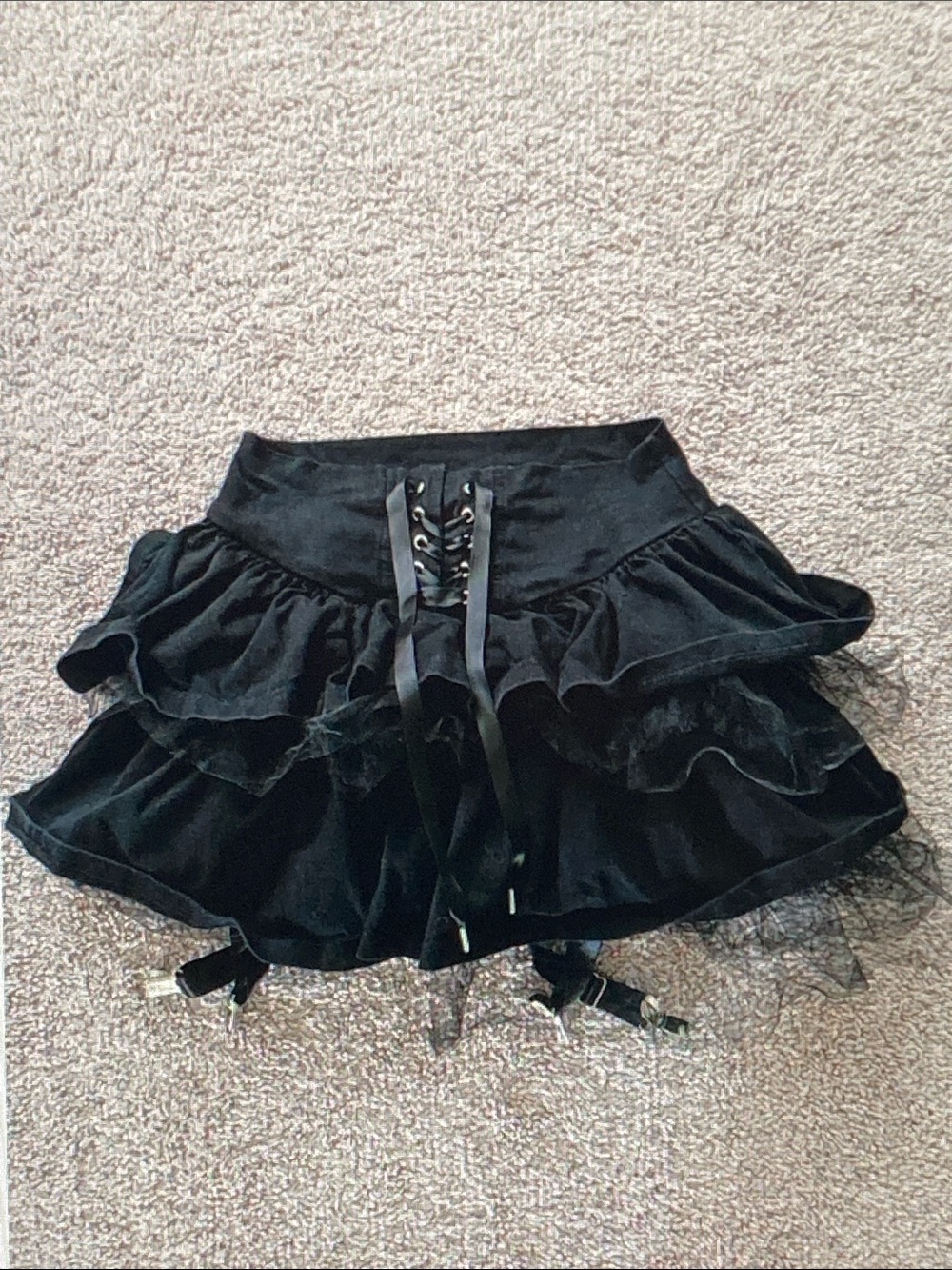 Black Tiered Velvet Mini Skirt with Lace-Up Waist